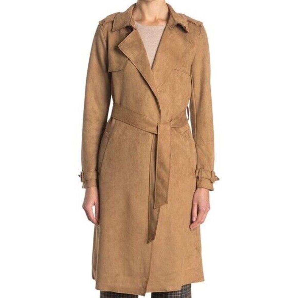 T Tahari Faux Leather Suade NEW Light Camel Trench Coat Jacket NEW Designer M
